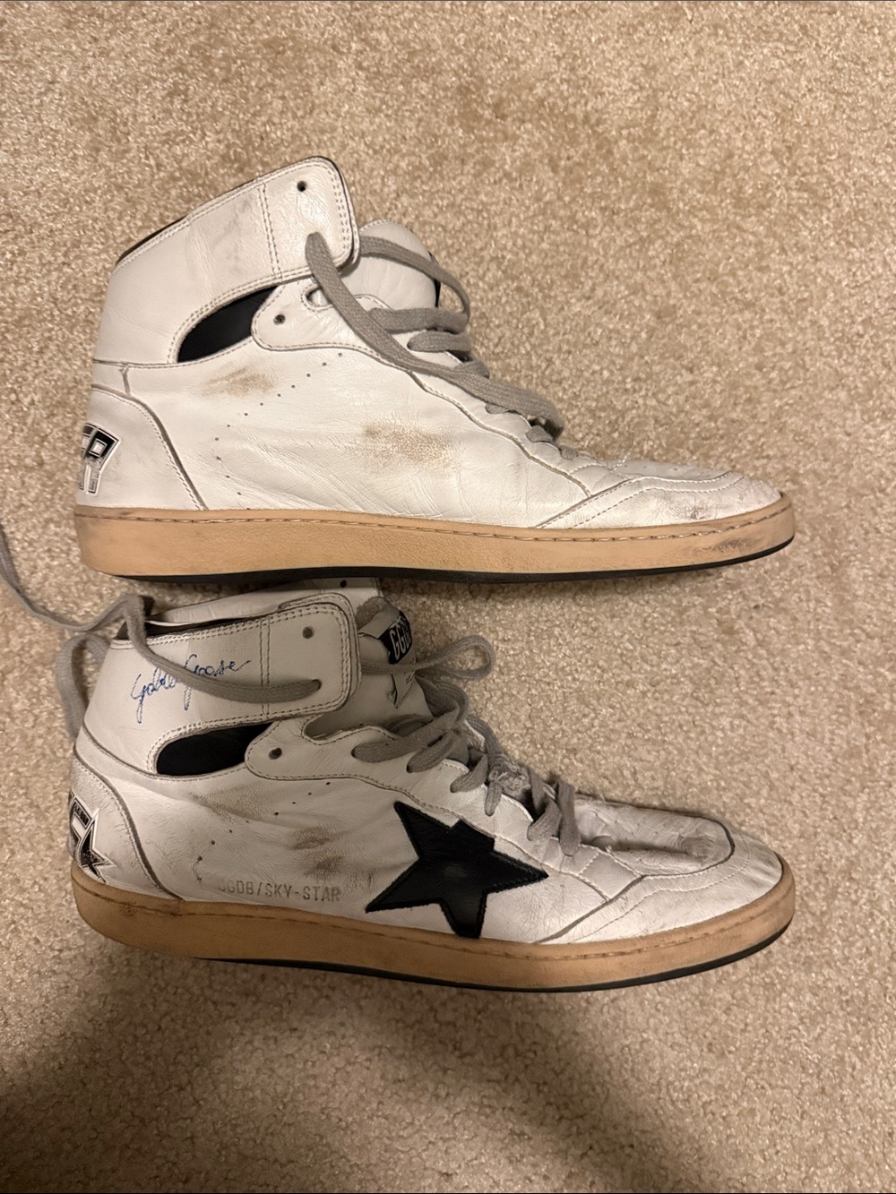 Golden Goose White High-Top Sneakers with Black Star and Tan Sole